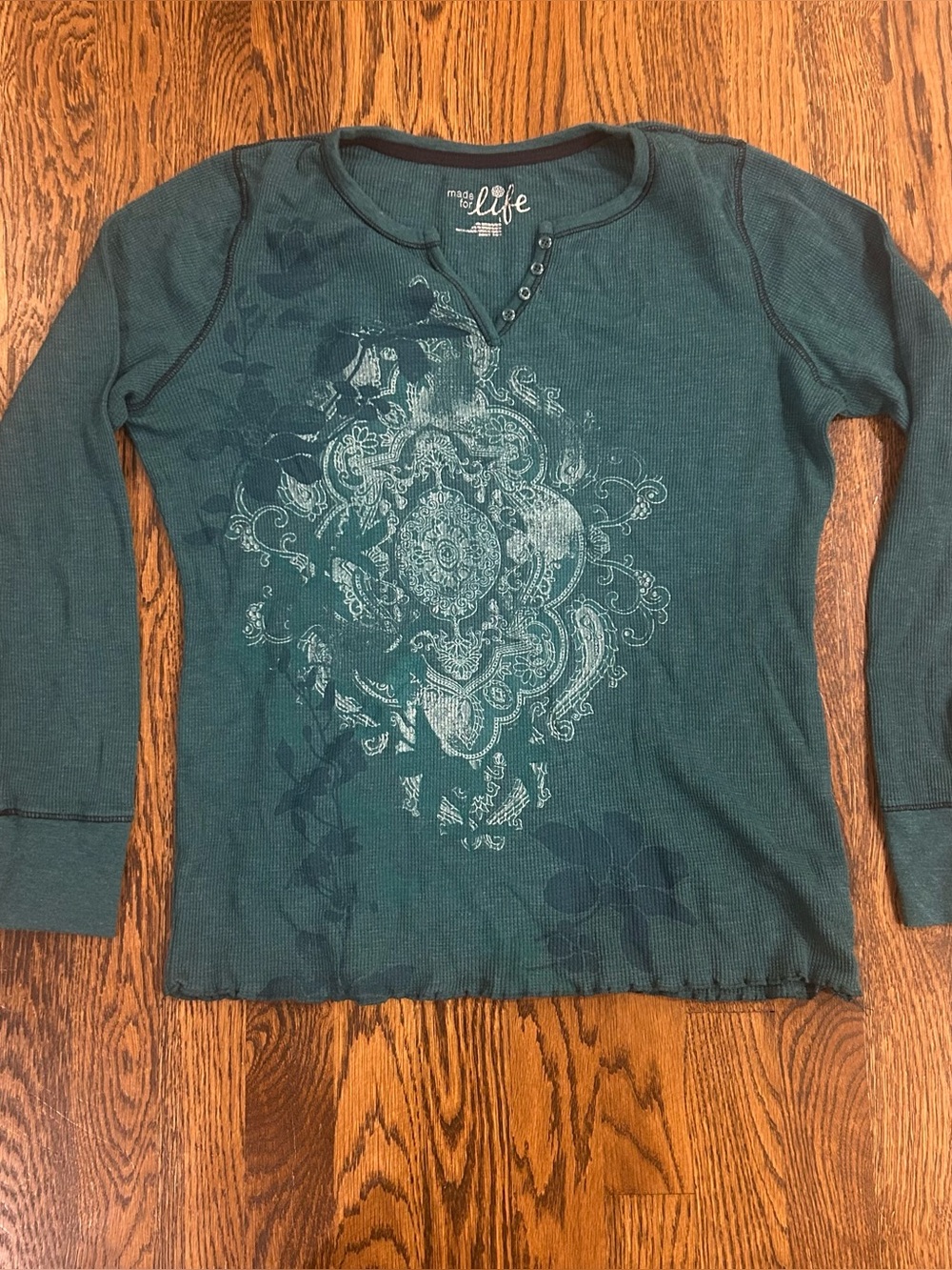 Vintage Y2K Teal Made for Life Thermal Henley Top